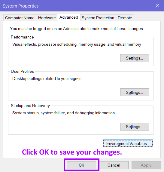 back to the system properties window: go to the buttons at the very bottom (ok, cancel, apply (probably disabled))