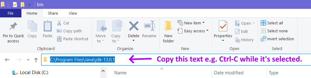 same part of the previous image, but this time the address bar shows the location as text and it has been selected C:\Program Files\Java\jdk-13.0.1