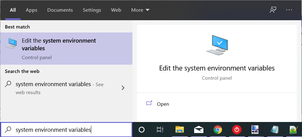 the search value entered in the search bar, shows Edit the system environment variables as the top match