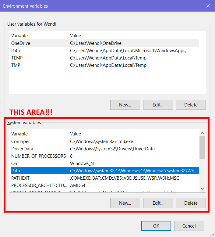 people who don't read will screw this up: two halves of screen (top and bottom) and each half shows a list of environment variables (top half for user, bottom half for system); 
                                 each half has the same set of buttons (new, edit, delete);
                                 work in the bottom half of the dialog with the heading System Variables, ignore the top half